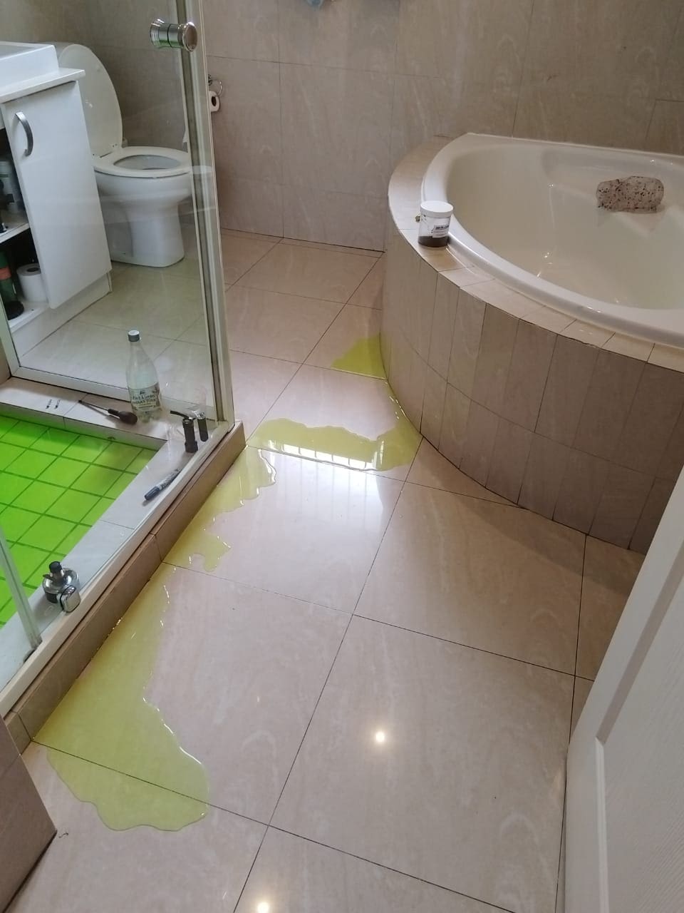 The results of dye solution leak detection with the dye showing the points at which the shower is leaking